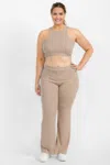 Truedames Plus Ribbed Cropped Top And Bootcut Pants Sets In Brown