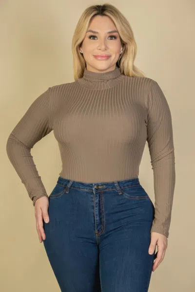 Truedames Plus Ribbed Turtle Neck Long Sleeve Bodysuit In Brown