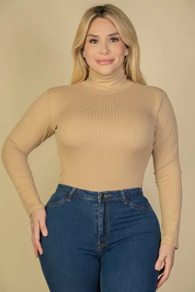 Truedames Plus Ribbed Turtle Neck Long Sleeve Bodysuit In Brown