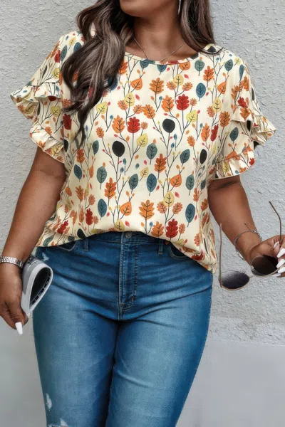 Truedames Plus Round Neck Floral Flounce Sleeve Loose Shirt In Multi
