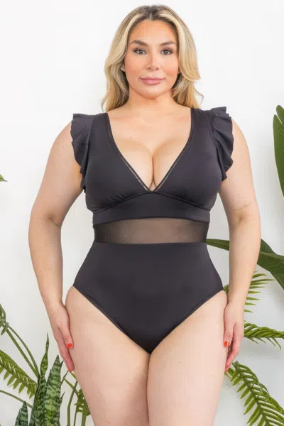 Truedames Plus Ruffle Sheer Swimsuit In Black