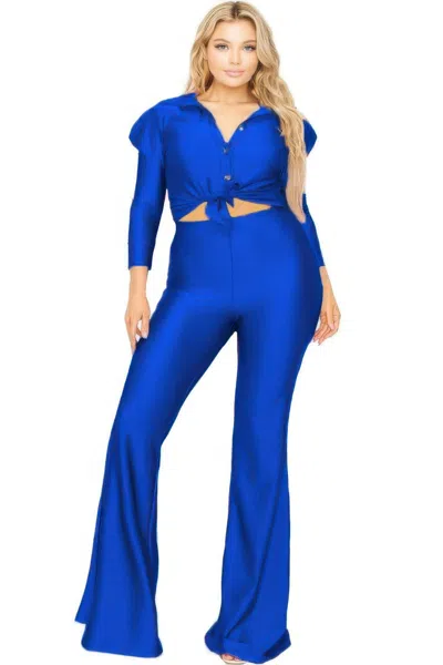 Truedames Plus Satin 3/4 Sleeve Wide Leg 2 Piece Set In Blue