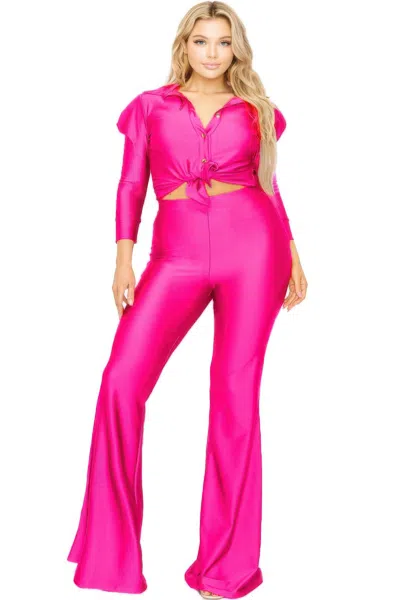 Truedames Plus Satin 3/4 Sleeve Wide Leg 2 Piece Set In Pink