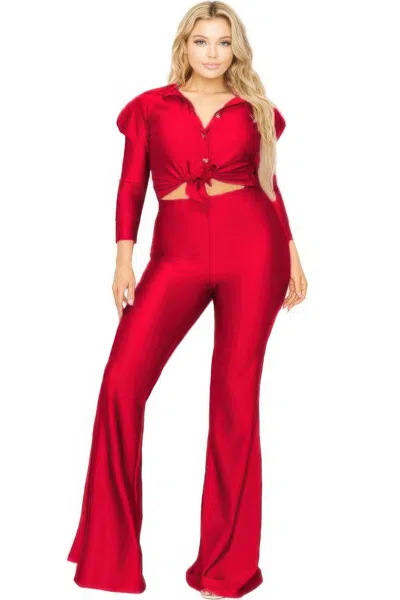 Truedames Plus Satin 3/4 Sleeve Wide Leg 2 Piece Set In Red