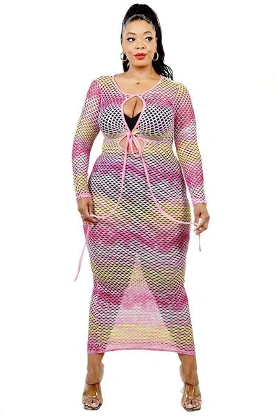 Truedames Plus See-through Gradient Fishnet Overlay Dress In Pink
