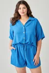 Truedames Plus Size 2pc Linen Airflow Btn Down Set In Blue