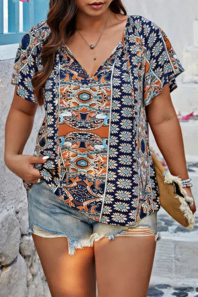 Truedames Plus Size Allover Printed Tie Front Short Sleeve Blouse In Blue