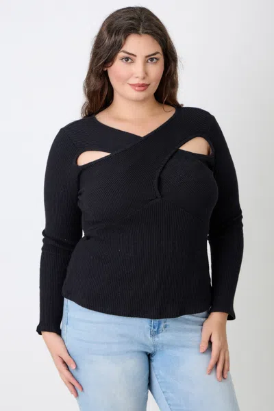 Truedames Plus Size Black Ribbed Cutout Long Sleeve Top