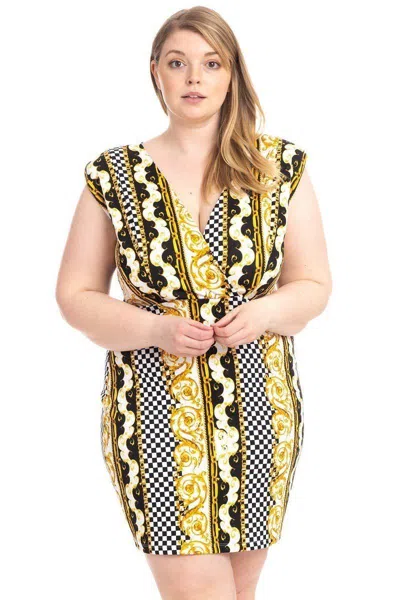 Truedames Plus Size Boarder Print V-neck Bodycon Dress In Yellow