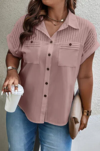Truedames Plus Size Button Solid Color Block Loose Blouse In Pink
