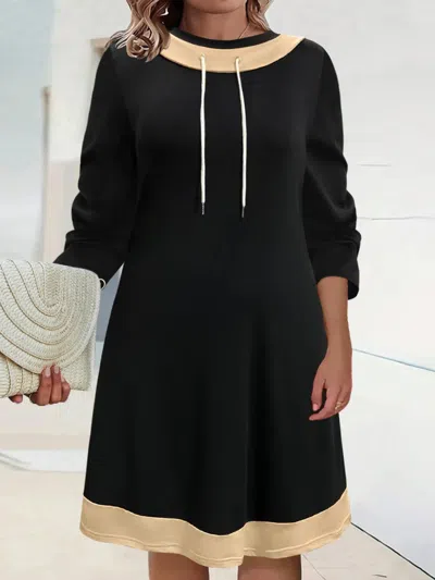 Truedames Plus Size Contrast Trim Drawstring Long Sleeve Mini Dress In Black