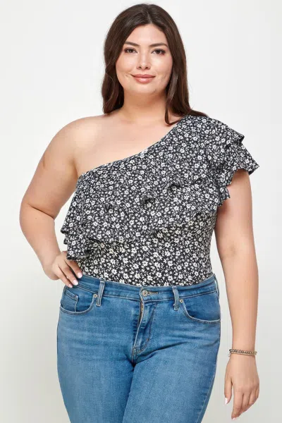 Truedames Plus Size Ditsy Floral One Shoulder Bodysuit In Black