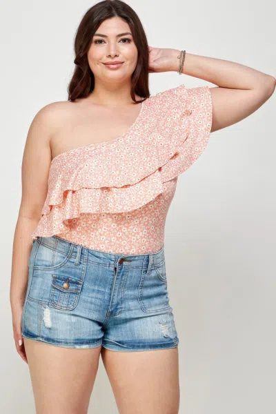 Truedames Plus Size Ditsy Floral One Shoulder Bodysuit In Pink