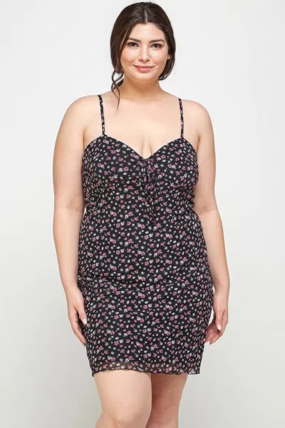 Truedames Plus Size Ditsy Floral Print On Mesh Fabric Cami Dress In Black
