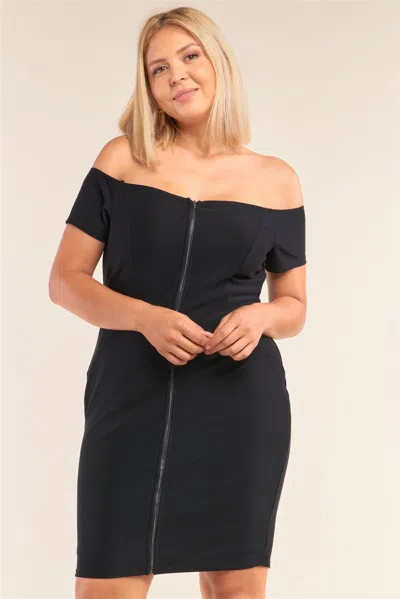 Truedames Plus Size Fitted Off-the-shoulder Front Zipper Bodycon Mini Dress In Black