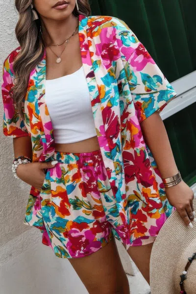 Truedames Plus Size Floral Print Open Front Shorts Sets In Pink