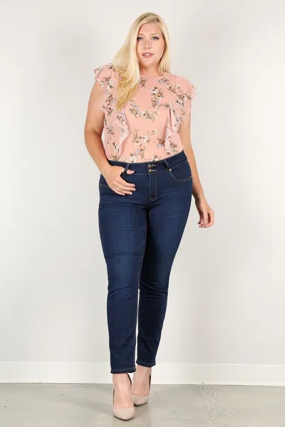 Truedames Plus Size Floral Print Sheer Top In Pink