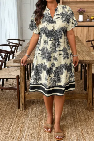 Truedames Plus Size Floral Print V Neck Fit Midi Dress In Black