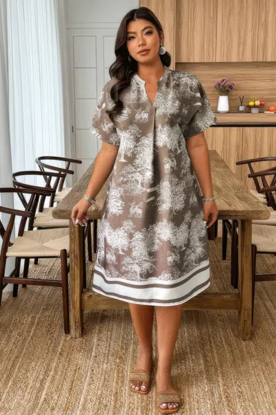 Truedames Plus Size Floral Print V Neck Fit Midi Dress In Brown