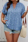 Truedames Plus Size Floral Print V Neck Short Sleeve Blouse In Blue