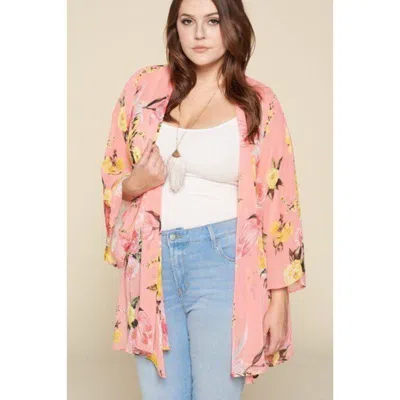 Truedames Plus Size Floral Printed Oversize Flowy And Airy Kimono With Dramatic Bell Sleeves In Pink