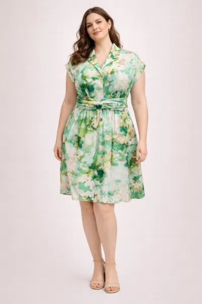 Truedames Plus Size Floral Waist Tie Shirt Dress In Green