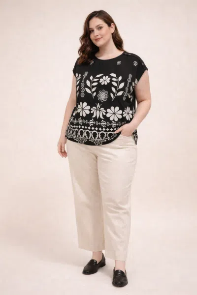 Truedames Plus Size Folk Floral Border Print Button-shoulder Top In Black