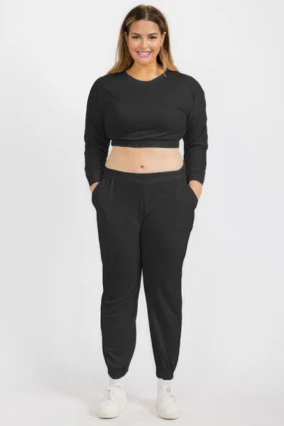 Truedames Plus Size French Terry Pullover & Joggers Set In Black