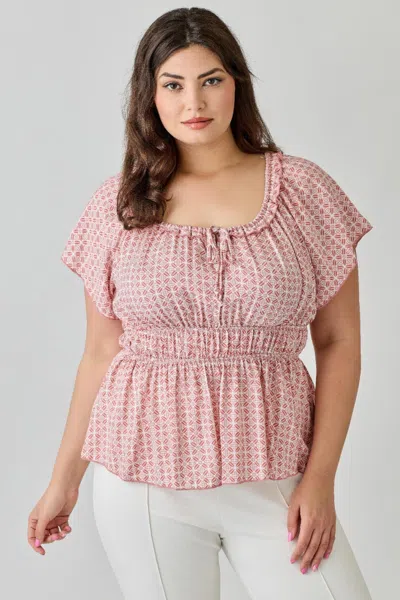 Truedames Plus Size Geometric Challis Print Top In Pink