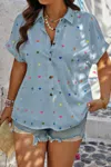 Truedames Plus Size Hearts Print Button Down Loose Blouse In Blue