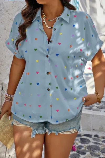 Truedames Plus Size Hearts Print Button Down Loose Blouse In Blue