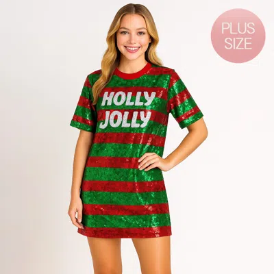 Truedames Plus Size Holly Jolly Message Christmas Sequin Jersey Top In Green