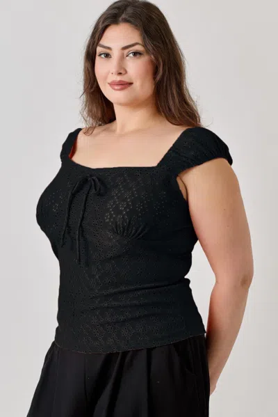 Truedames Plus Size Knit Eyelet Cap Sleeve Top In Black