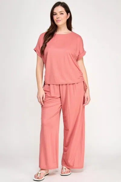 Truedames Plus Size Knit Linen Dolman Ruched Top In Pink
