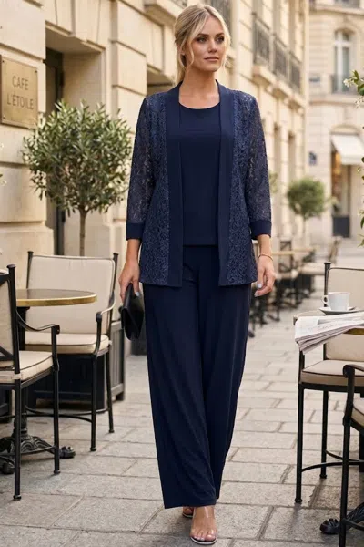 Truedames Plus Size Lace Jacket Formal Pant Suit For Mother Of The Bride In Blue