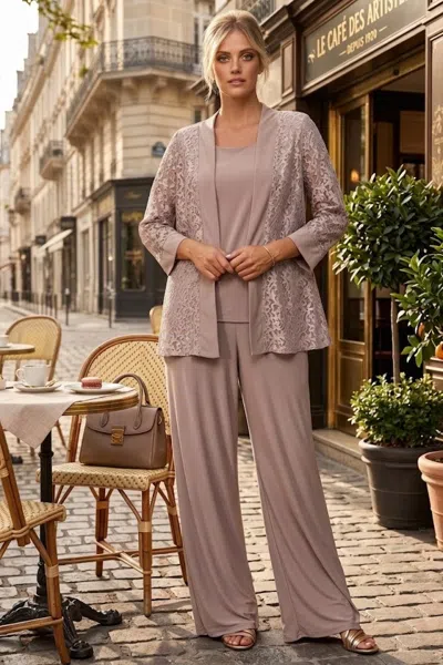 Truedames Plus Size Lace Jacket Formal Pant Suit For Mother Of The Bride In Brown
