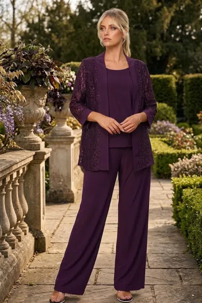 Truedames Plus Size Lace Jacket Formal Pant Suit For Mother Of The Bride In Purple