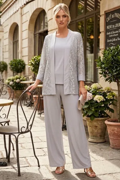 Truedames Plus Size Lace Jacket Formal Pant Suit For Mother Of The Bride In Silver