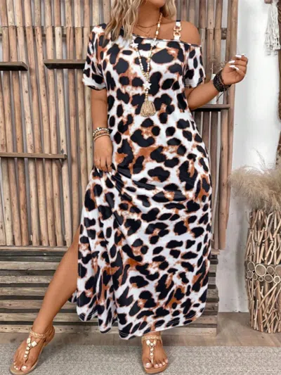 Truedames Plus Size Leopard Print Short Sleeve Maxi Dress With Side Slit In Brown