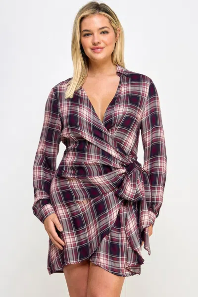 Truedames Plus Size Long Sleeve Plaid Side Tie Dress In Purple
