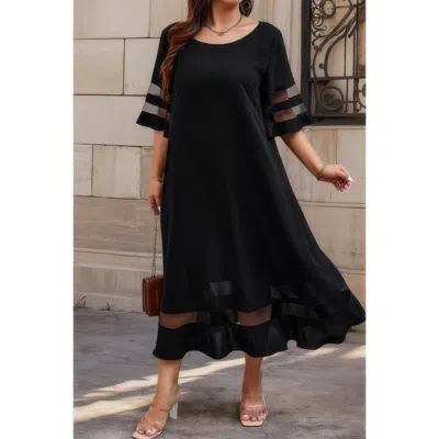 Truedames Plus Size Mesh Splicing Round Neck Long Dress In Black
