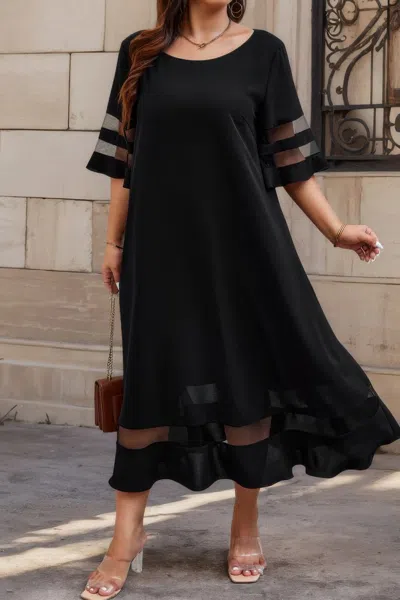 Truedames Plus Size Mesh Splicing Round Neck Long Dress In Black