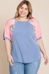 Truedames Plus Size Neon Animal Print Contrast Casual Top In Blue