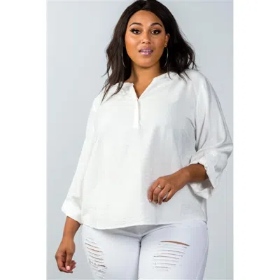 Truedames Plus Size Oatmeal Stand-up Collar Roll Tab Sleeve Blouse In White