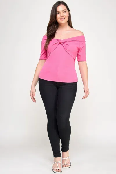 Truedames Plus Size Off The Shoulder Knit Rib Twist Knot Top In Pink