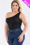 Truedames Plus Size One Shoulder Solid Casual Bodysuit In Black