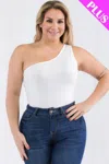 Truedames Plus Size One Shoulder Solid Casual Bodysuit In White