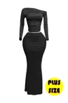 Truedames Plus Size One Side Off Shoulder Top & Skirt Set In Black