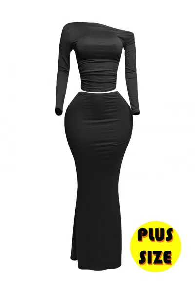 Truedames Plus Size One Side Off Shoulder Top & Skirt Set In Black