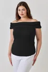 Truedames Plus Size Ots Pointelle Knit Rib Fold Over Top In Black